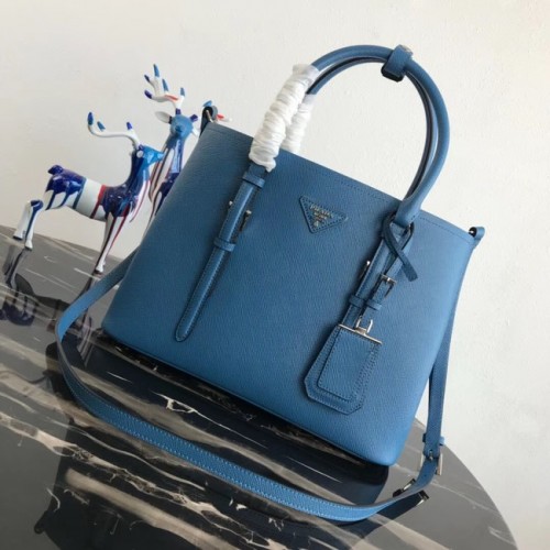 Оригинална кожена чанта Prada Saffiano BN2838 синя