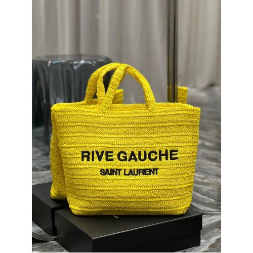 Чанта тип „тоут“ SAINT LAURENT RIVE GAUCHE SUPPLE, плетена на една кука с рафия, 688864, жълта
