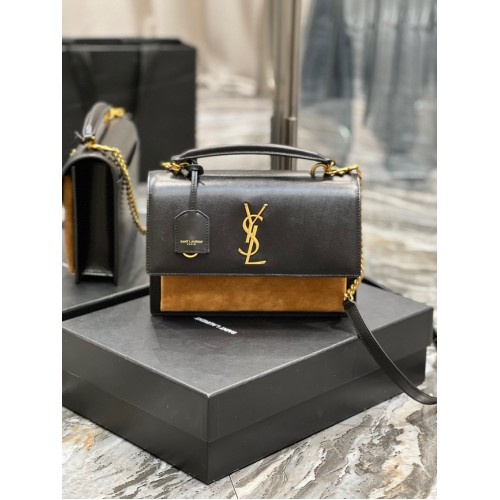 SAINT LAUREN SUNSET СРЕДНА ДРЪЖКА ОТ ГЛАДКА КОЖА 634723 ЧЕРНО-КАФЯВО