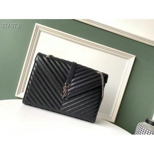 ГОЛЯМА ЧАНТА SAINT LAURENT ENVELOPE ОТ КОЖА С РЕЛЕФЕНА КОЖА MATELASSE GRAIN DE POUDRE 600166B ЧЕРНА