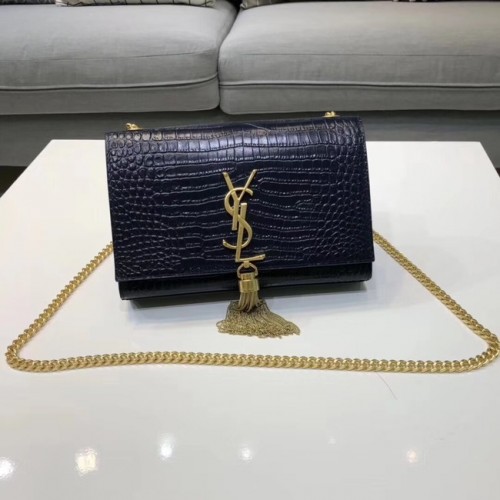 Чанта за рамо от кожа SAINT LAURENT Kate с релефен крокодилски мотив 474366, кралско синьо