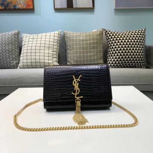 Чанта за рамо от кожа SAINT LAURENT Kate с релефен крокодилски принт 474366 черна