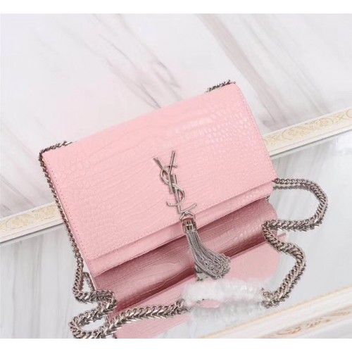 Чанта за през рамо SAINT LAURENT Kate с монограм, среден размер, релефна крокодилска кожа 9288, розова