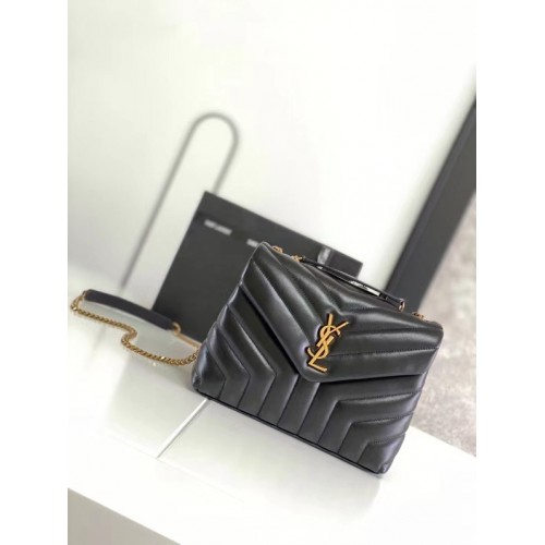 Малък часовник SAINT LAURENT LOULOU от естествена кожа 494699, черен и бронзов метален обков