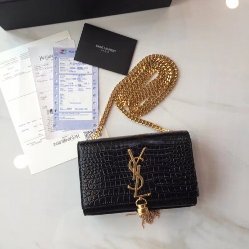 Чанта за рамо SAINT LAURENT Monogram Kate, малка, с релефна крокодилска кожа, 354120, черна