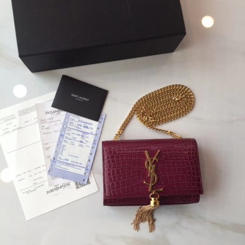 Чанта за рамо SAINT LAURENT Monogram Kate от малка релефна крокодилска кожа 354120, цвят фуксия