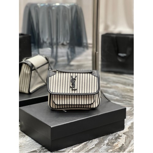 Малка чанта с верижка SAINT LAURENT NIKI от плат 633151, кремаво и черно