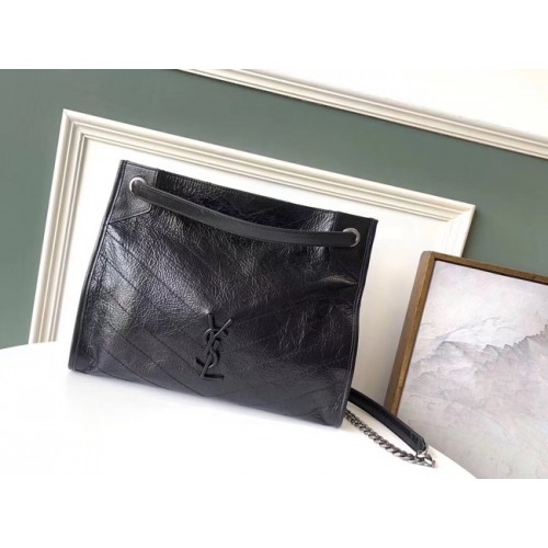 СРЕДНА ПАЗАРСКА ЧАНТА SAINT LAURENT NIKI ОТ НАМАЧКАНА ВИНТИДЖ КОЖА 5814 черна