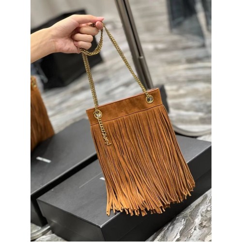 МАЛКА ЧАНТА С ВЕРИЖКА SAINT LAURENT ОТ СВЕТЪЛ ВЕЛУР С РЕНИ 683378 кафява