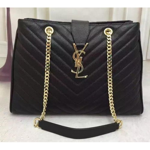 Кожена чанта Saint Laurent Large Cabas Cannage Pattern Y26584 Черна