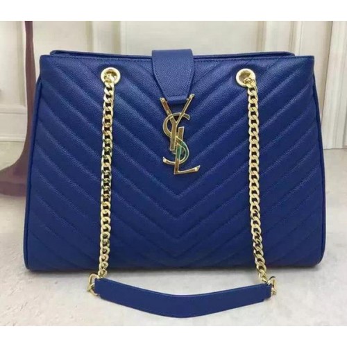 Кожена чанта Saint Laurent Large Cabas Cannage Pattern Y26584 Blue