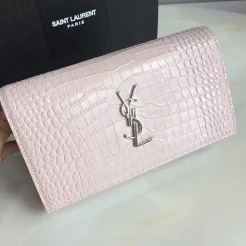 Мини чанта през рамо от кожа с крокодилска принтирана кройка Saint Laurent 360458 Розова