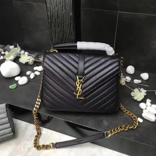 YSL Класическа монограмна черна кожена чанта с капак Y392737 Златна