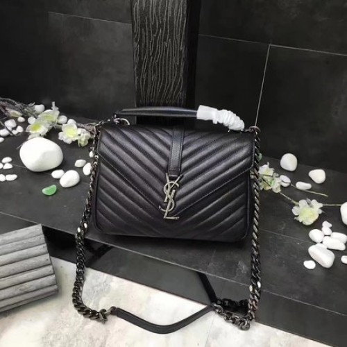 YSL Класическа монограмна черна кожена чанта с капак Y392737 сребриста