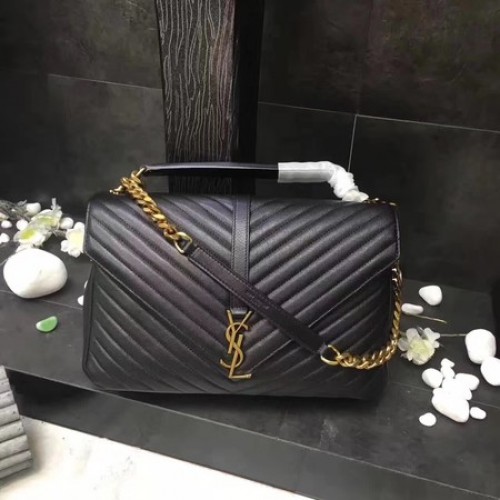 YSL Класическа монограмна черна кожена чанта с капак Y392738 златиста