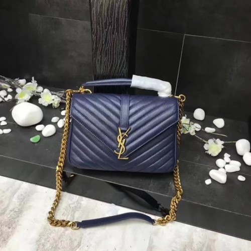 YSL Класическа монограмна синя кожена чанта с капак Y392737 Златна