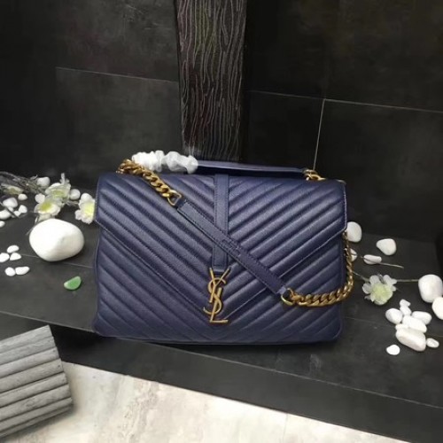 YSL Класическа монограмна синя кожена чанта с капак Y392738 Златна