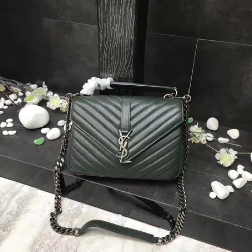 YSL Класическа монограмна зелена кожена чанта с капак Y392737 сребриста