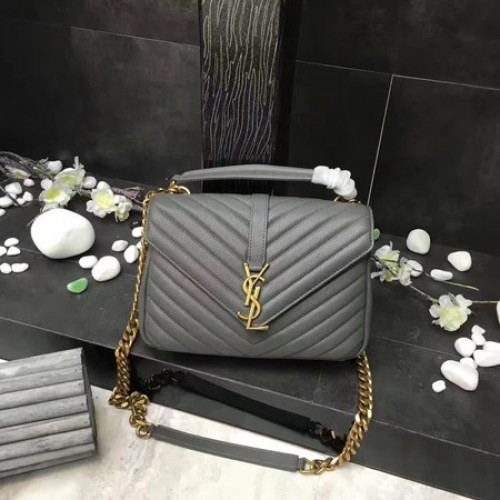 YSL Класическа монограмна сива кожена чанта с капак Y392737 Златна