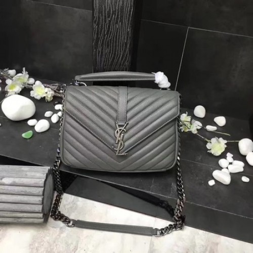 YSL Класическа монограмна сива кожена чанта с капак Y392737 сребриста