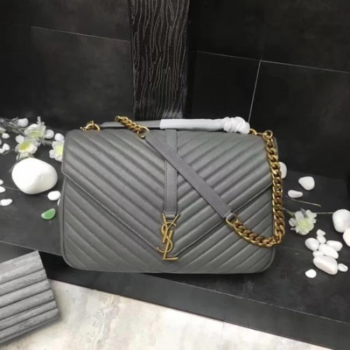 YSL Класическа монограмна сива кожена чанта с капак Y392738 златиста