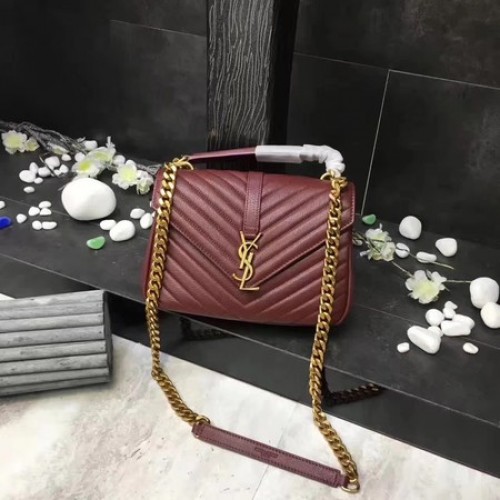 YSL Класическа монограмна чанта от кожа с капак в червено Y392737 златиста