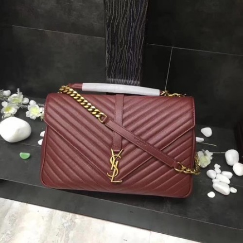 YSL Класическа монограмна чанта от кожа с капак в червено Y392738 златиста