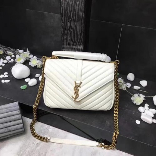 YSL Класическа монограмна бяла кожена чанта с капак Y392737 Златна