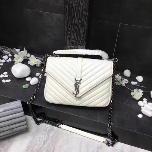 YSL Класическа монограмна бяла кожена чанта с капак Y392737 сребриста
