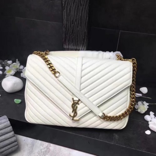 YSL Класическа монограмна бяла кожена чанта с капак Y392738 златиста