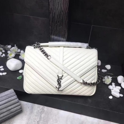 YSL Класическа монограмна бяла кожена чанта с капак Y392738 сребриста