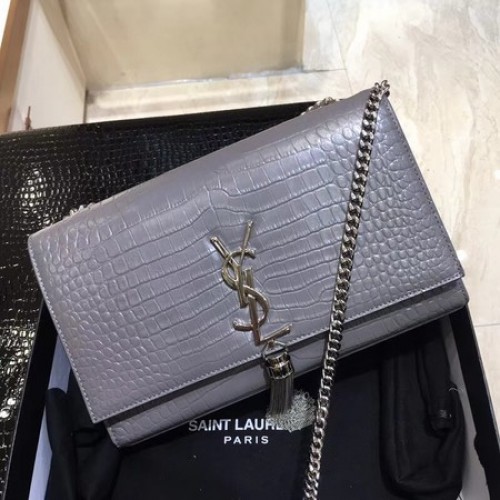 Чанта за рамо от крокодилска кожа Yves Saint Laurent 1456 сиво и сребристо