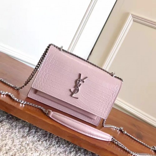 Чанта през рамо от естествена кожа Yves Saint Laurent Crossbody Croco Original Y8606 Розова