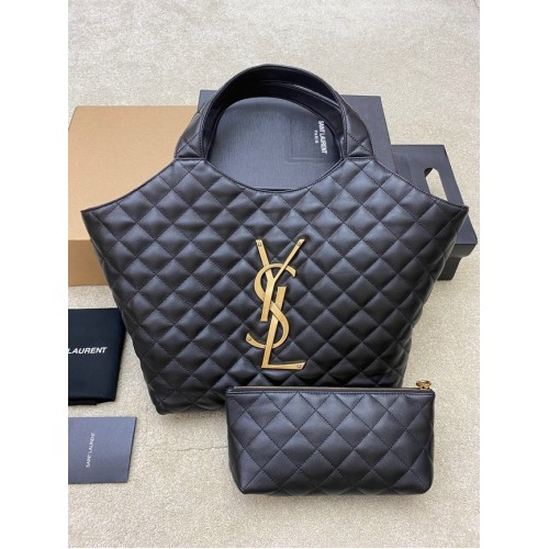 Yves Saint Laurent ICARE MAXI ЧАНТА ЗА ПАЗАРУВАНЕ ОТ ВАТОНИЗИРАНА АГНЕШКА КОЖА 698652 Черна