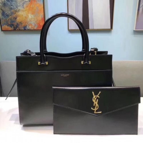 Yves Saint Laurent UPTOWN чанта от телешка кожа с горна дръжка 557653 черна