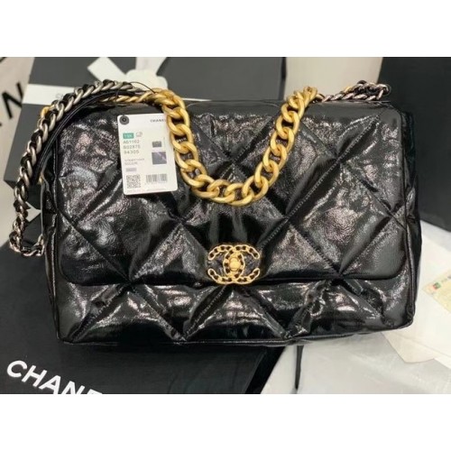 Голяма чанта Chanel 19 с капак, восъчна кожа AS1162, черна