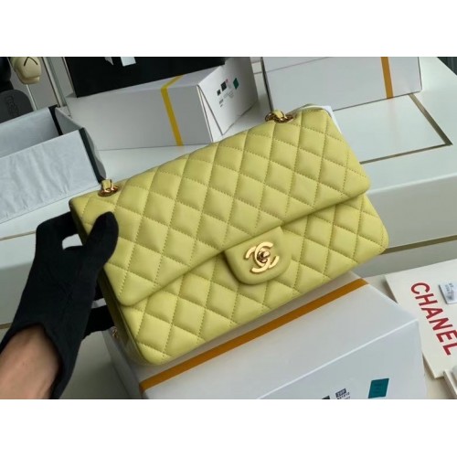 Класическа чанта Chanel от агнешка кожа, златист метал A01112, лимон