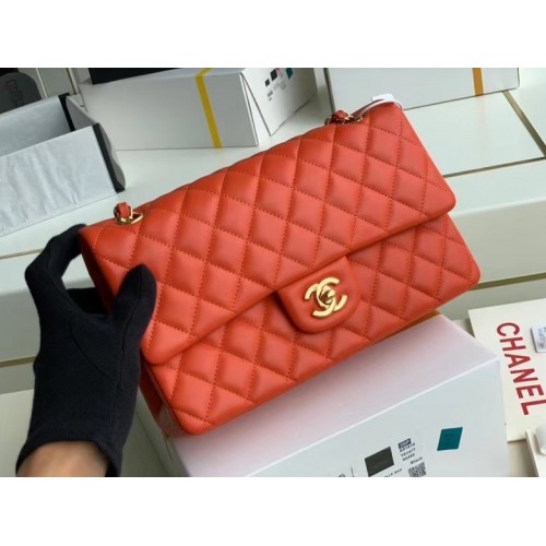 Класическа чанта Chanel от агнешка кожа, златист метал A01112, червена