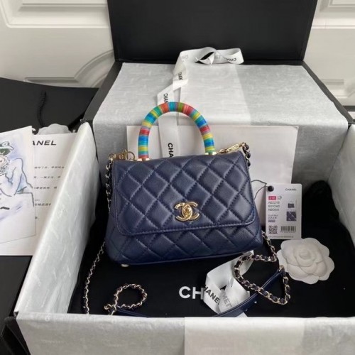Мини чанта Chanel с капак и горна дръжка AS2215 в тъмносиньо