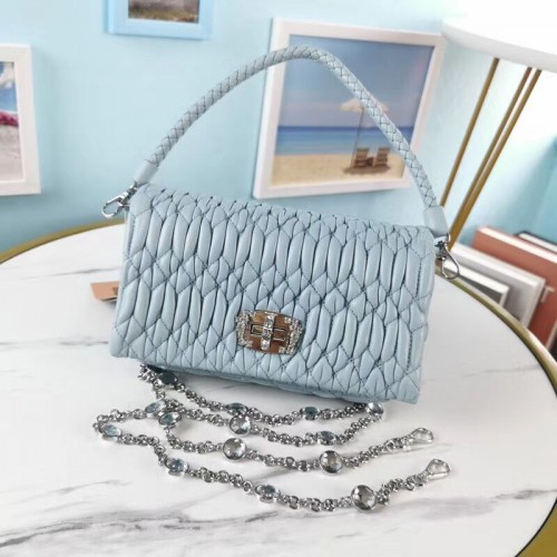 Чанта през рамо от кожа напа Miu Miu Matelasse 5BP012M светло синя