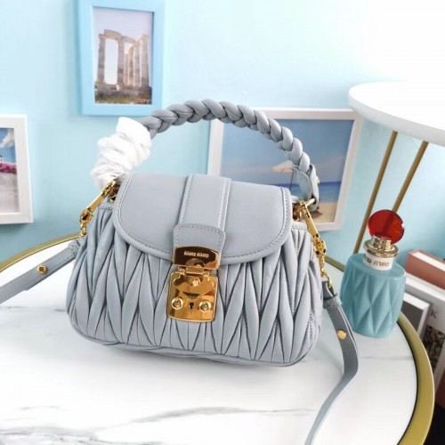 Чанта за рамо от кожа напа Miu Miu Matelasse 5BD188 светло синя